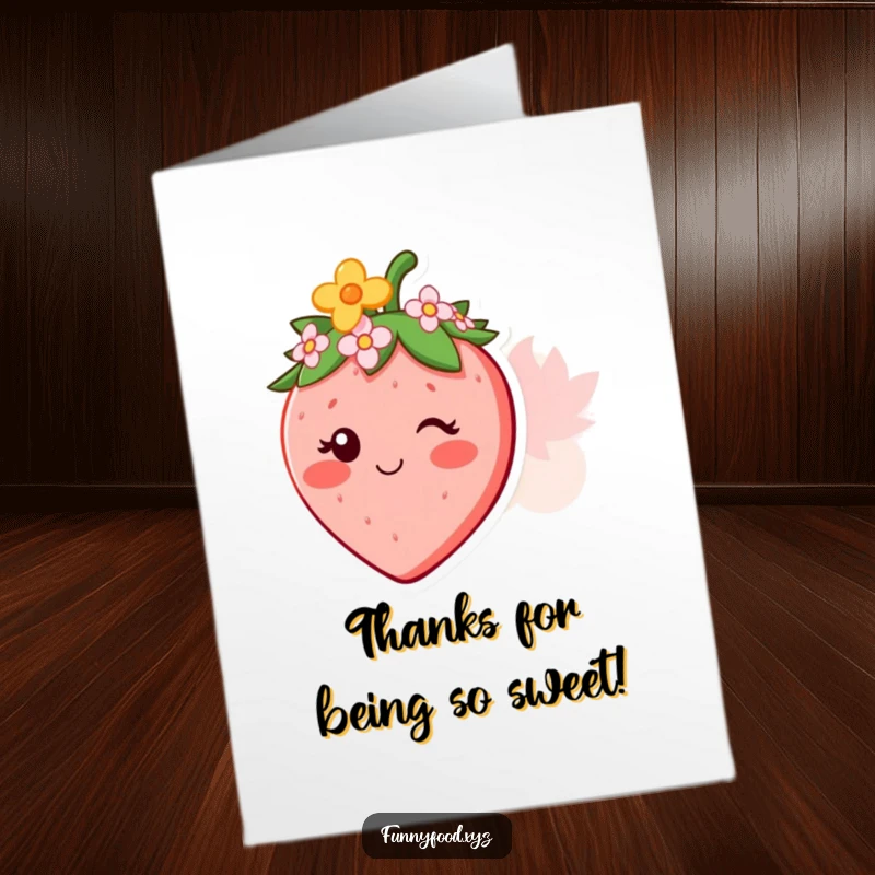 Funny free printable thank you card featuring a smiling strawberry character wearing a cute flower crown. A sweet and cheerful way to express thanks.