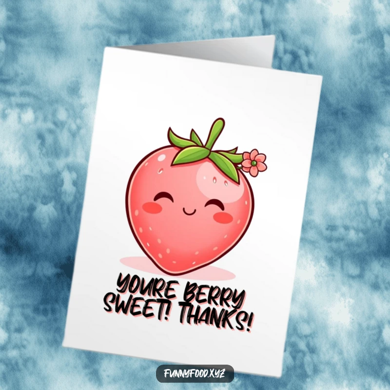 Funny free printable thank you card showing a plump strawberry with a shy smile offering a tiny flower.