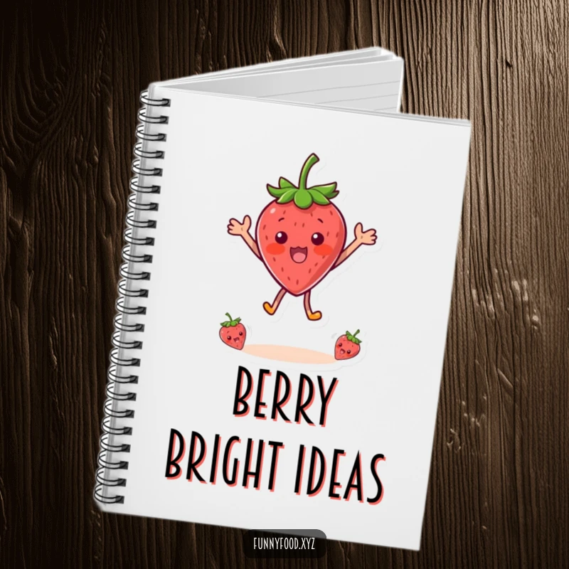 Funny notebook with a surprised strawberry character excitedly jumping, perfect for jotting down ideas with a dose of humor.