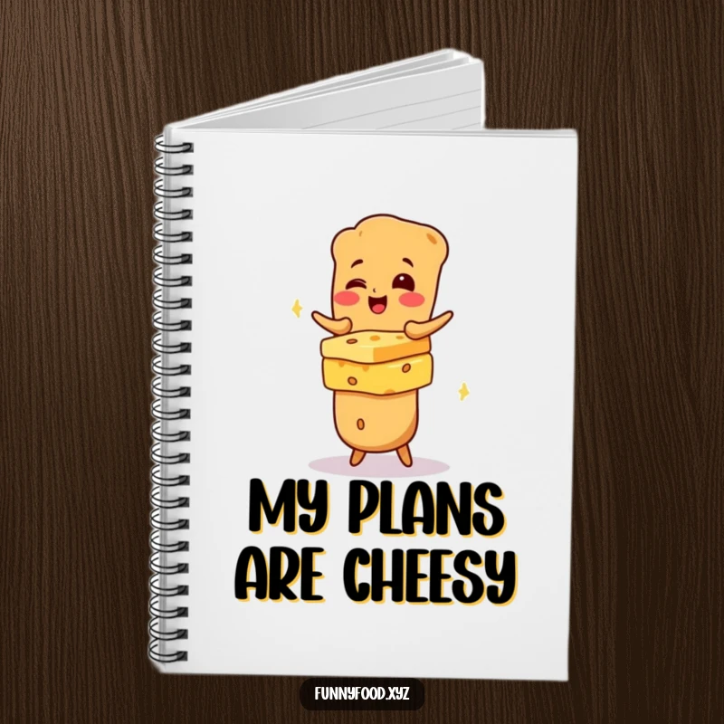 Funny giggling baguette balancing cheese on the cover of a notebook, inspiring humorous notes and creative ideas.