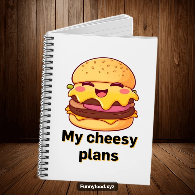 Funny cheeseburger notebook, featuring a winking cheeseburger, ideal for jotting down delicious ideas.