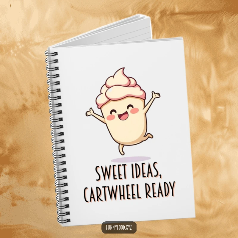 Funny notebook with a cheerful cupcake doing a cartwheel, ideal for notes and recipes.