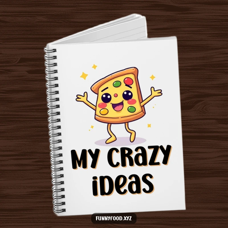 Funny notebook cover with a smiling pizza slice doing a lively disco dance, designed to inspire joy and creativity.