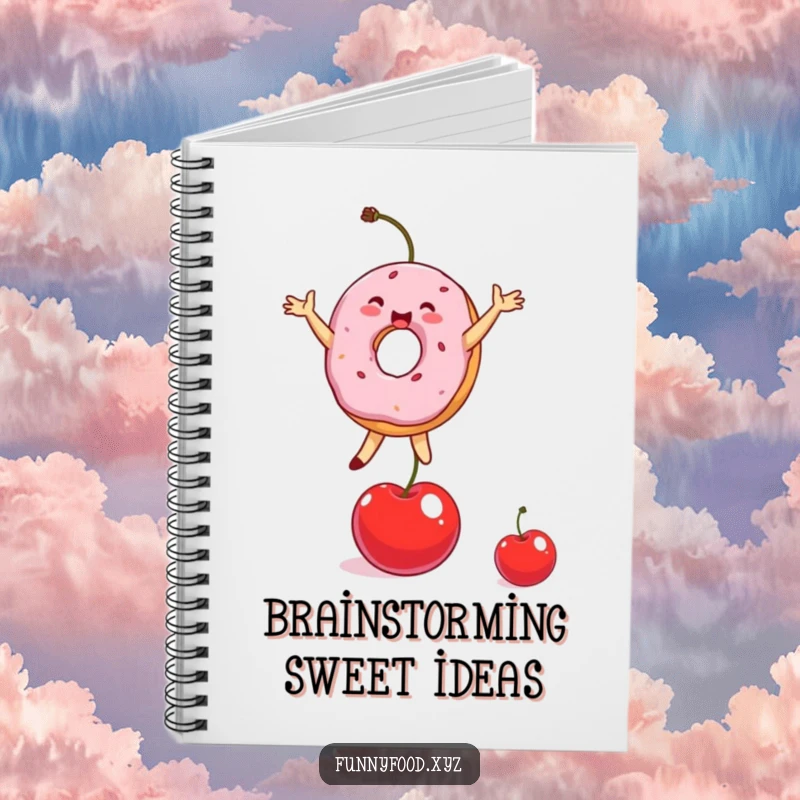 Funny Donut Notebook with a cover showing a happy donut person balancing on a cherry, ready for notes.