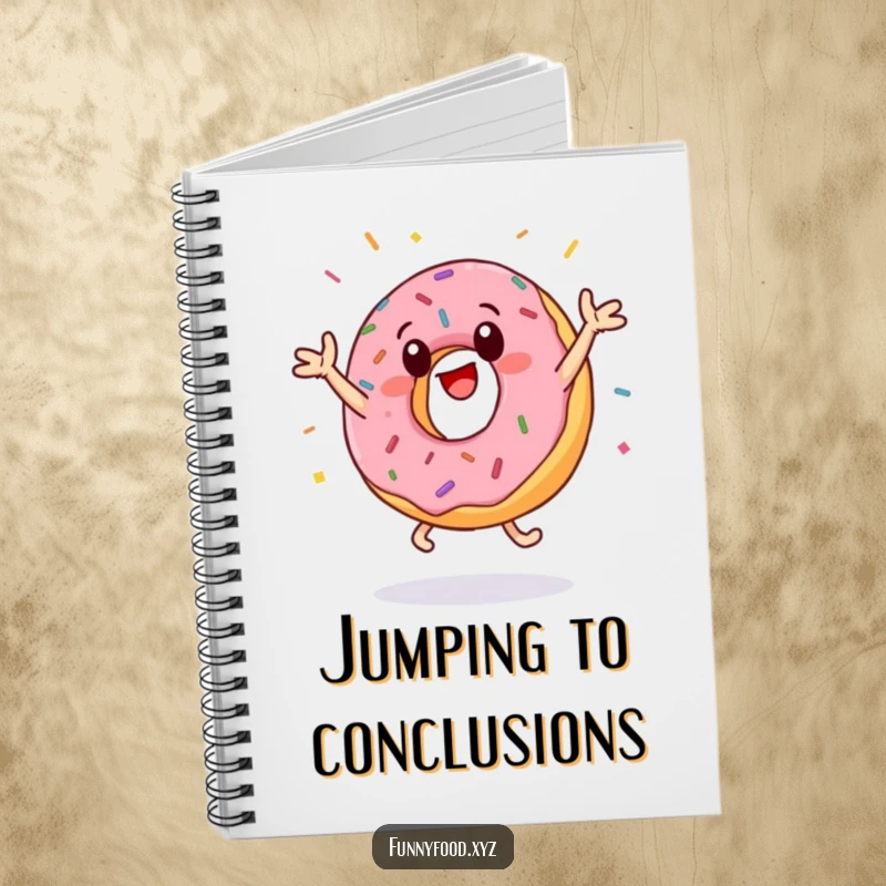 Funny donut notebook showcasing a happy anthropomorphic donut doing jumping jacks, with whimsical sprinkles adding a humorous and energetic flair to the cover.