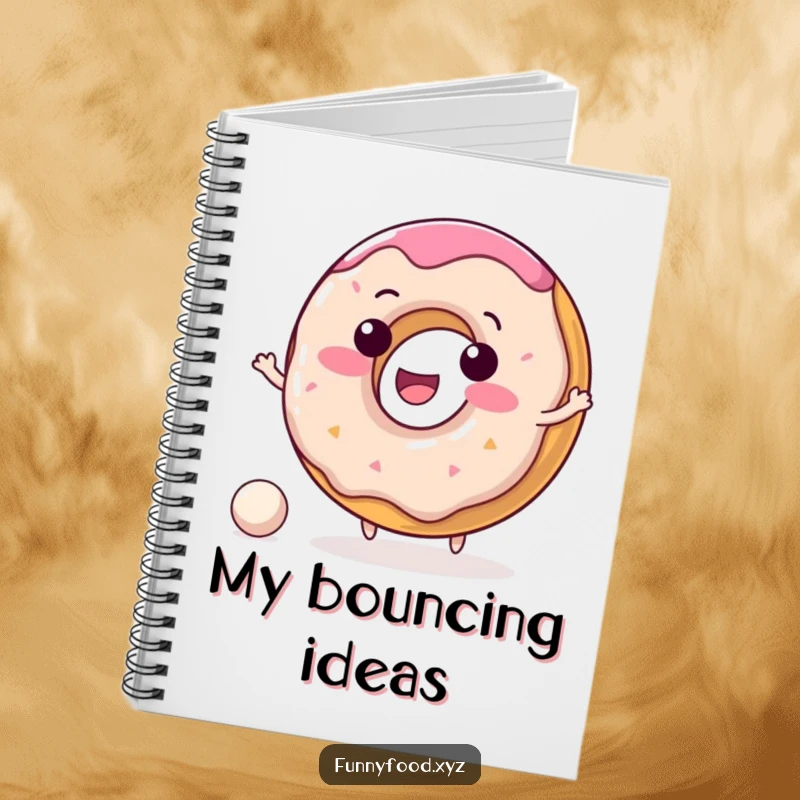 Funny donut notebook with a delighted donut character happily bouncing a tiny ball on the cover, perfect for notes.