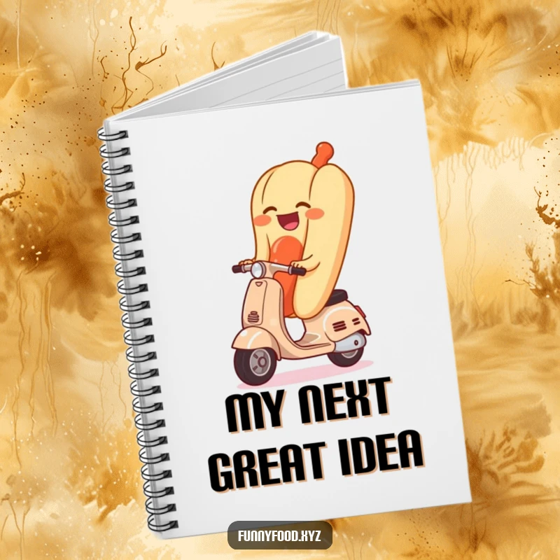 Funny notebook cover art of a hot dog with a huge grin riding a miniature scooter, inspiring joy and creativity.