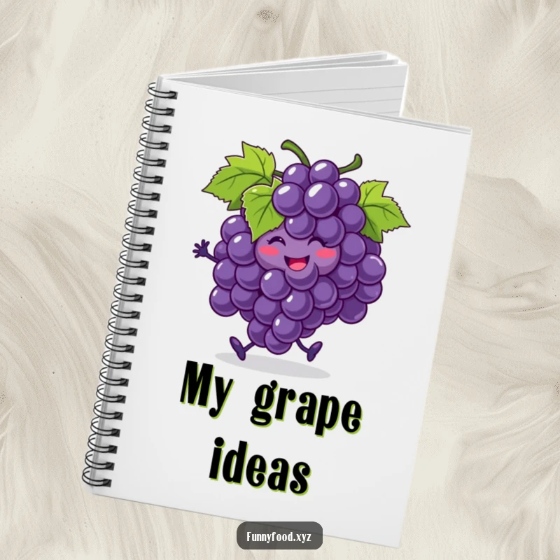 Funny bunch of grapes notebook, doing a jig, with one grape rolling, a humorous stationery item for jotting down ideas.