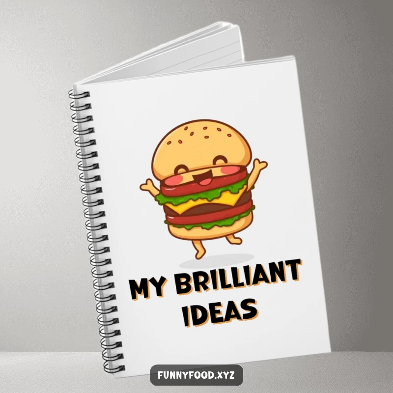 Funny Notebook cover showing a jolly hamburger happily dancing, designed to inspire creativity and bring humor to note-taking.