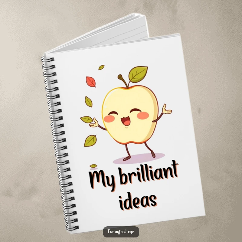 Funny notebook with a winking anthropomorphic apple juggling leaves, perfect for creative and humorous journaling.