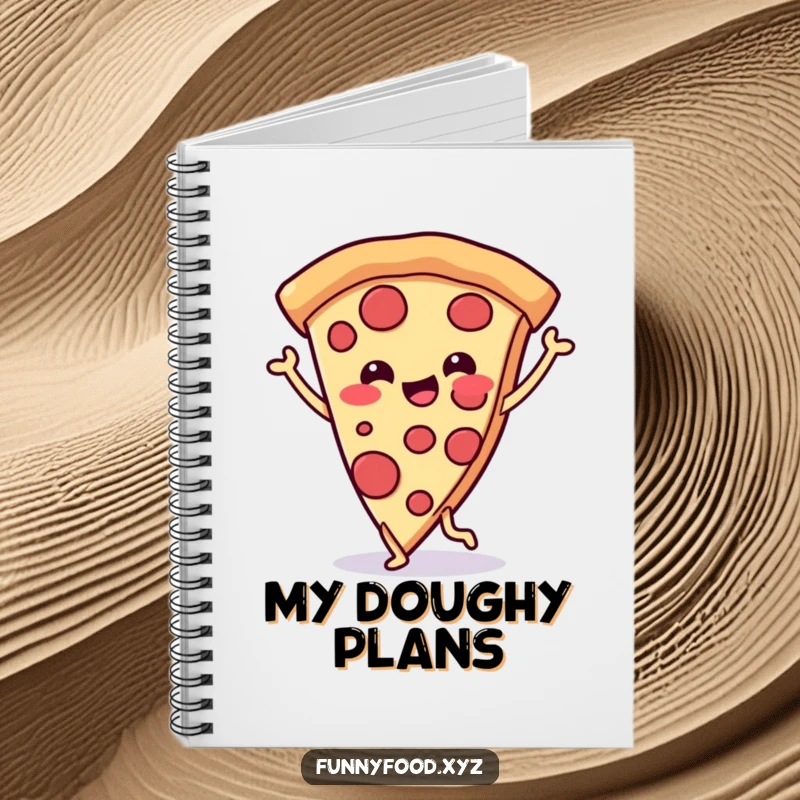 Funny notebook with a cheerful pizza slice on legs dancing joyfully, perfect for notes and creative brainstorming.