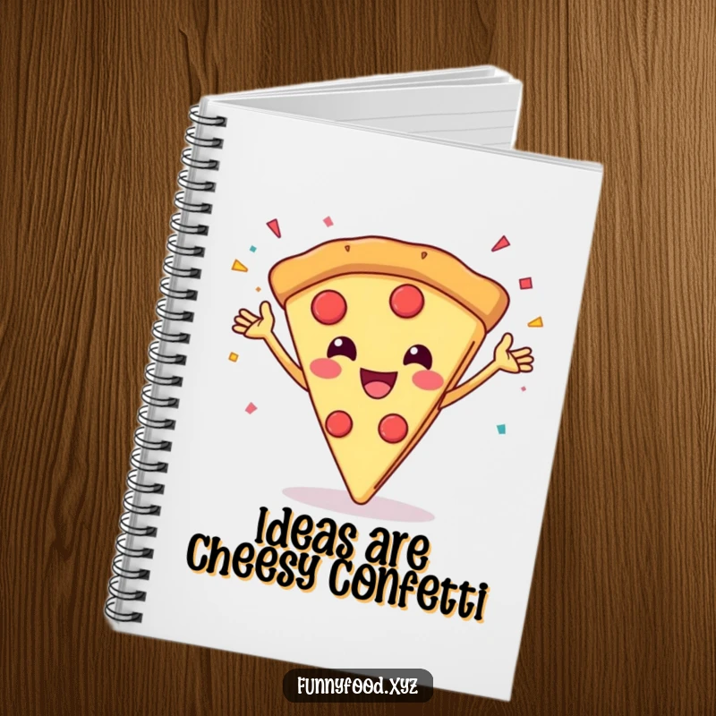 Funny notebook with a grinning pizza slice throwing confetti, ideal for notes and party planning.