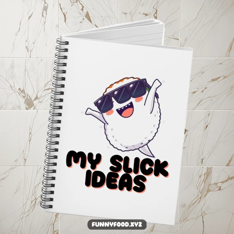 Funny notebook with a cool sushi wearing sunglasses, mid-backflip, perfect for brainstorming and capturing creative ideas.