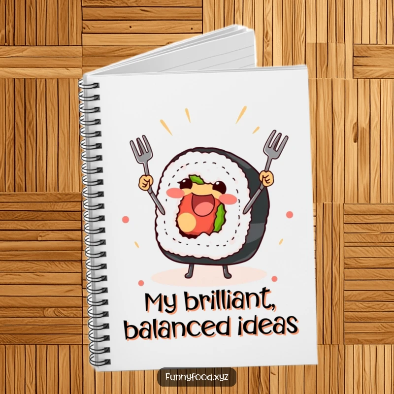 Funny notebook with a joyful sushi roll juggling forks, ideal for notes and recipes.