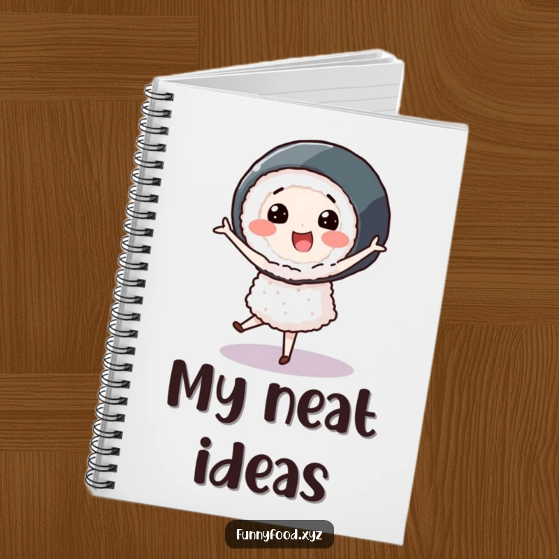 Smiling sushi roll character performing a pirouette, illustrated in a notebook for jotting down elegant and creative ideas.