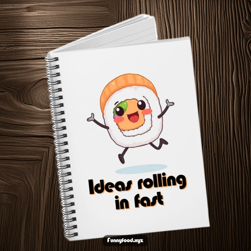 A notebook cover featuring a happy sushi roll character running enthusiastically, ready for your notes.