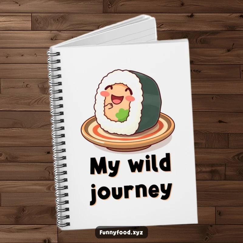 Funny sushi notebook, featuring a wiggling sushi roll, ideal for jotting down delicious ideas.