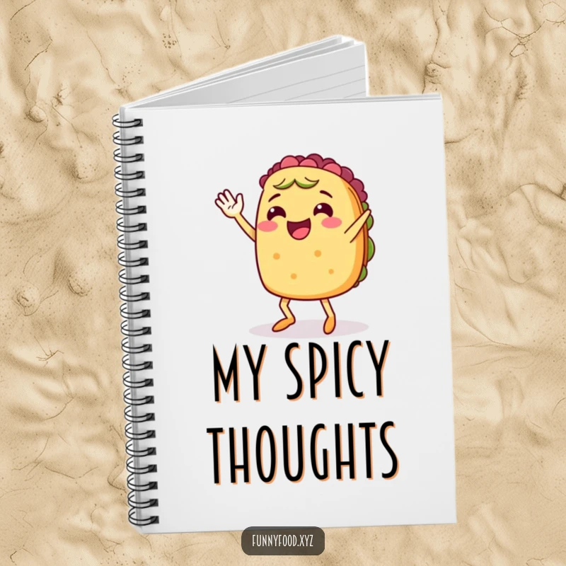 Cheerful anthropomorphic taco with legs, enthusiastically waving and jigging, ideal for note-taking and journaling.