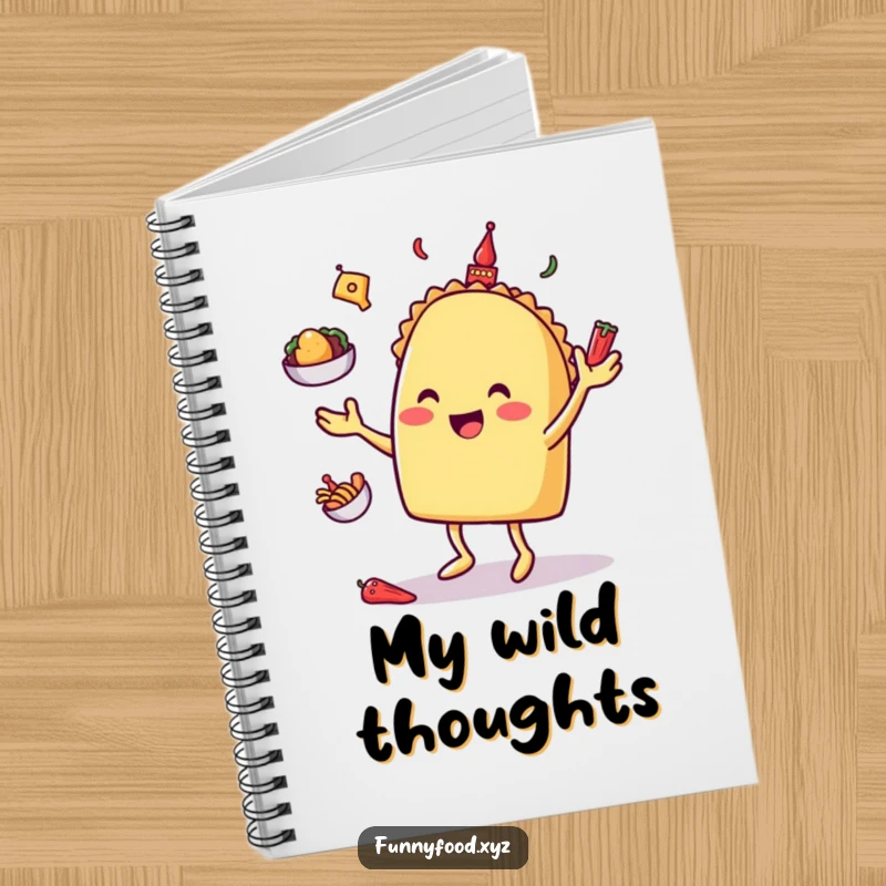 Happy taco character juggling toppings, illustrated in a notebook for jotting down fun and creative ideas.
