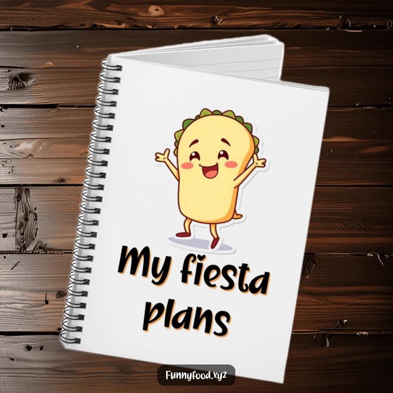 Funny taco notebook, a cheerful taco character doing a silly dance, ideal for notes and recipe writing.
