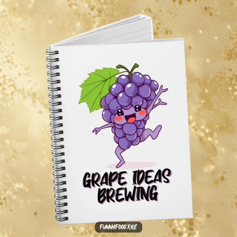 Funny Grapes Notebook featuring a brave bunch of grapes performing a gymnastic move, perfect for jotting down ideas.
