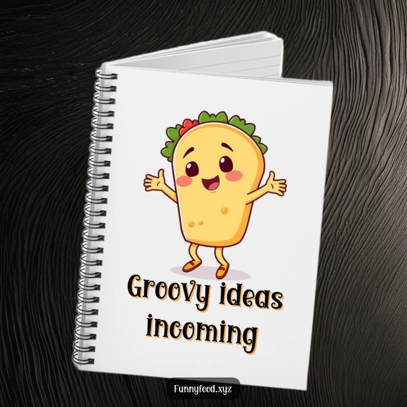 A notebook featuring a funny taco character dancing joyfully, ideal for jotting down notes and ideas.