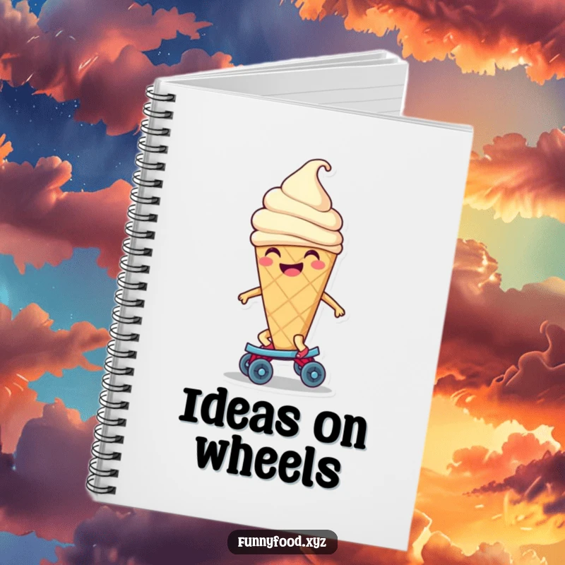 Funny ice cream cone notebook with a smiling character on a tiny roller skate, perfect for jotting down delightful thoughts and doodles.