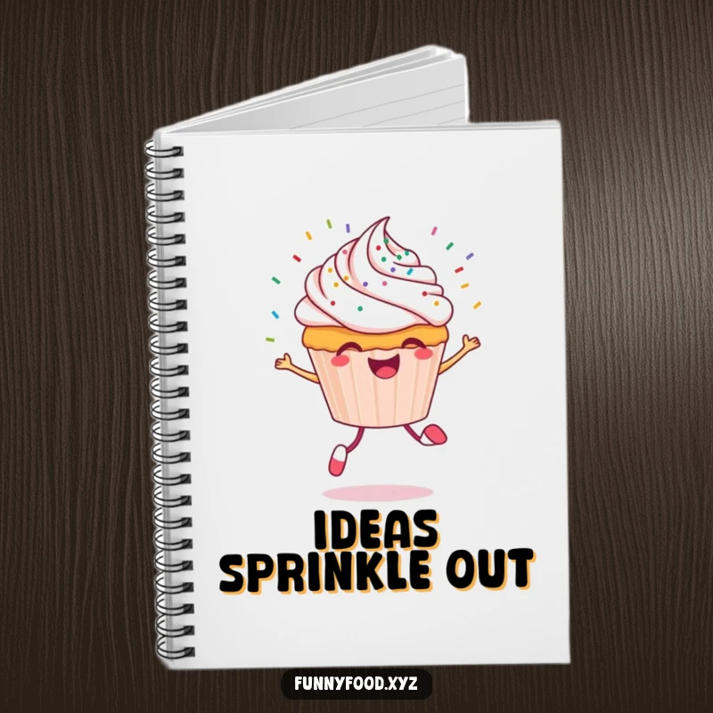 Funny cupcake notebook with a cheerful cupcake character skipping with sprinkles flying, perfect for notes and journaling.