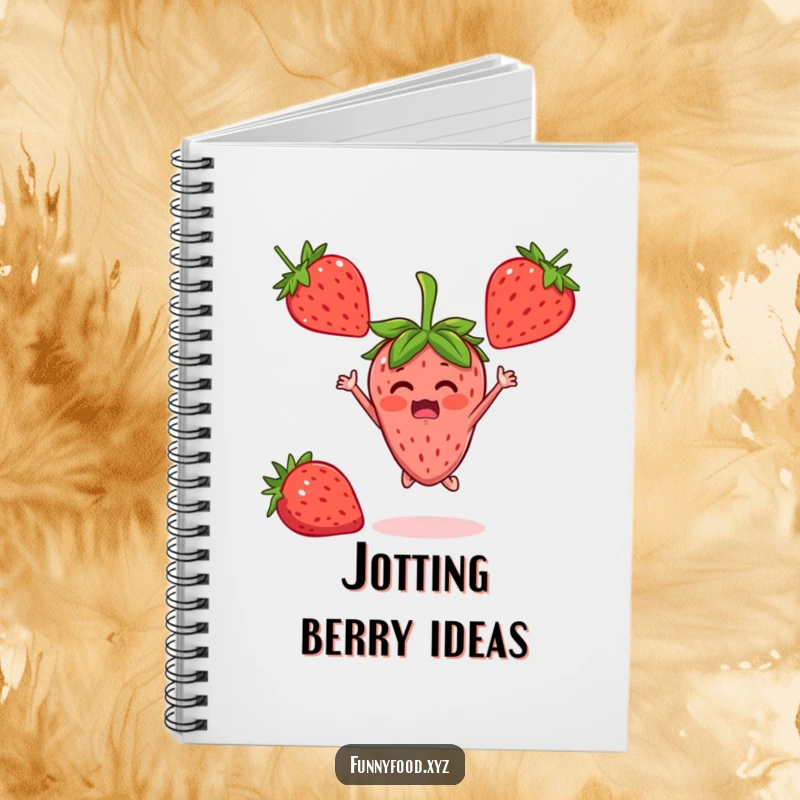 A notebook cover featuring a surprised strawberry character jumping with delight, ready for your notes.