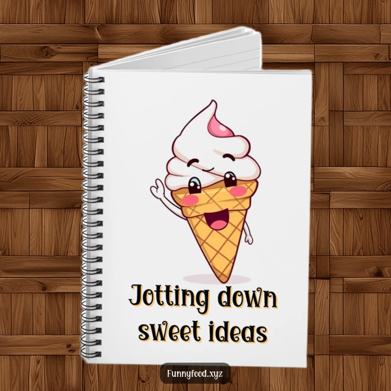 Funny Ice Cream Notebook featuring a goofy ice cream cone waving its scoop, ready to capture ideas.