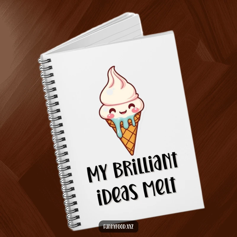 Funny melting ice cream cone notebook character jotting happy thoughts, cute stationery.