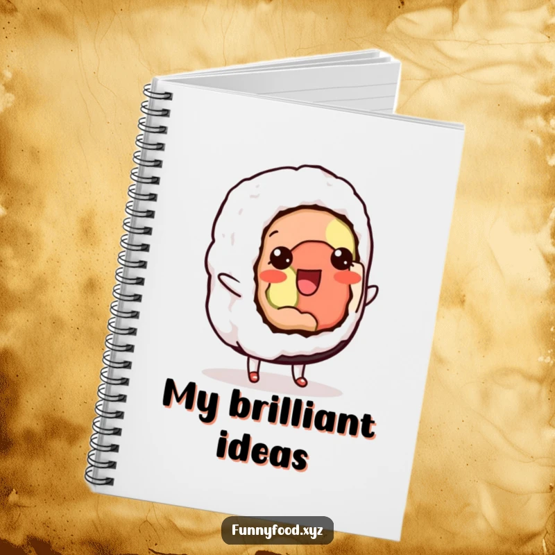 Funny notebook cover with a delighted sushi roll doing a cute shuffle, designed to inspire joy and creativity.