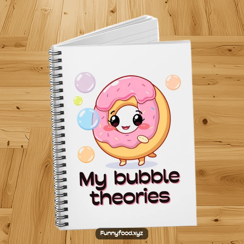 Funny notebook cover with a smiling donut character blowing a cascade of colorful, iridescent bubbles.