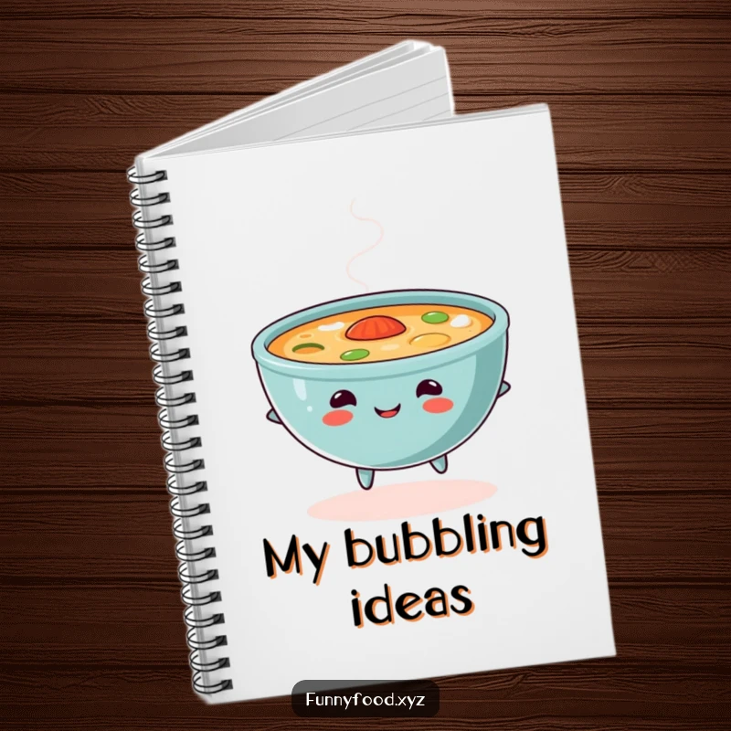 Funny soup notebook, featuring a skipping bowl of soup, ideal for jotting down comforting ideas.