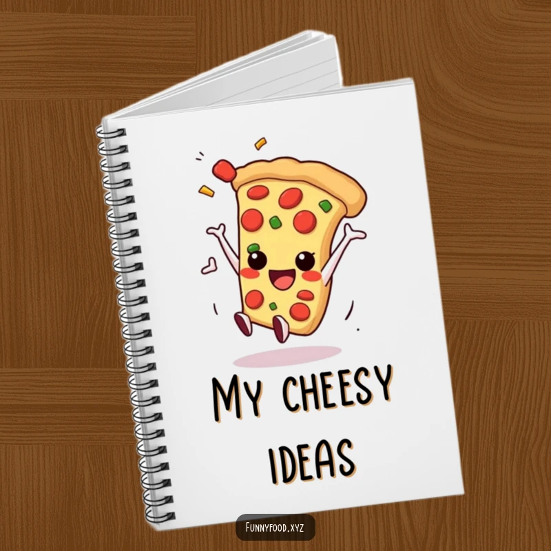 Smiling anthropomorphic pizza slice performing a playful somersault with toppings flying, ideal for note-taking and journaling.