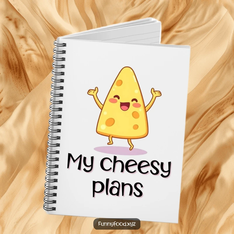 Funny notebook with a delighted anthropomorphic cheese wedge dancing joyfully, ideal for creative writing.