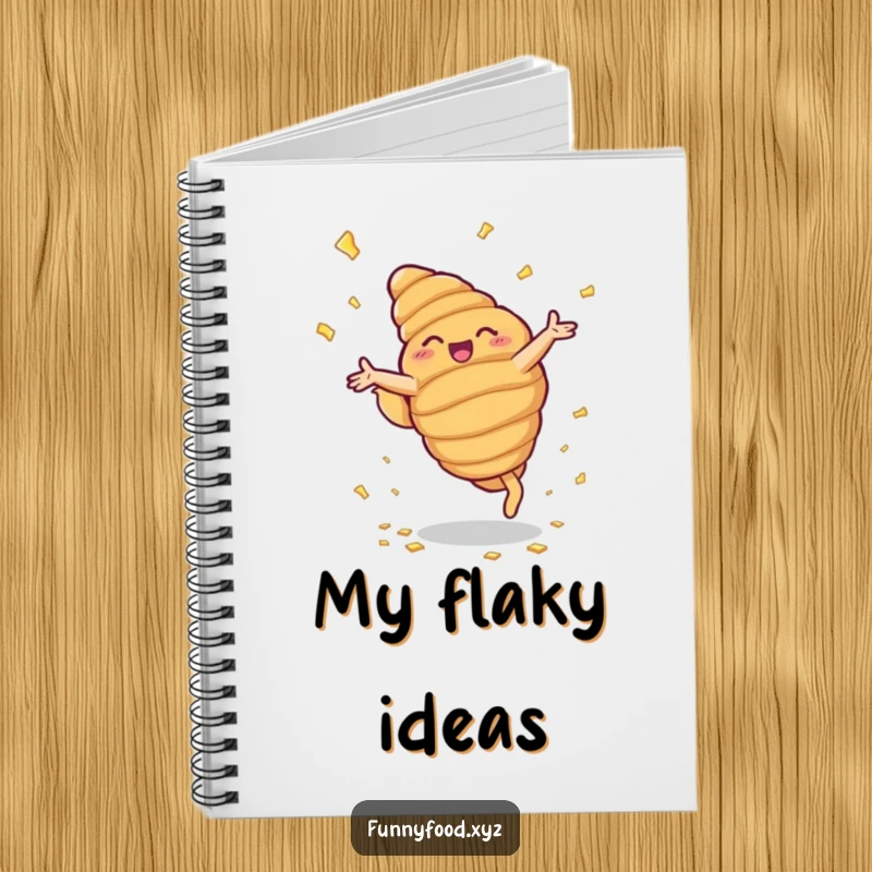 Funny notebook with a beaming anthropomorphic croissant doing cartwheels, great for recipe writing or journaling.