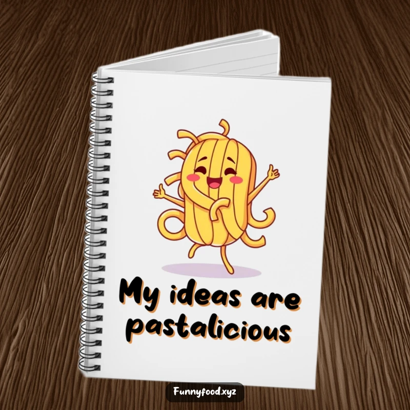 Funny pasta character doing a silly, energetic dance on the cover of a notebook, perfect for jotting down funny ideas.
