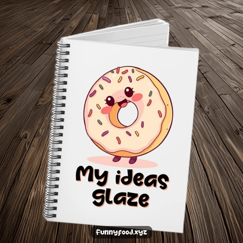 Funny notebook with a giggling donut with sprinkles excitedly doing a cartwheel, perfect for notes and creative brainstorming.