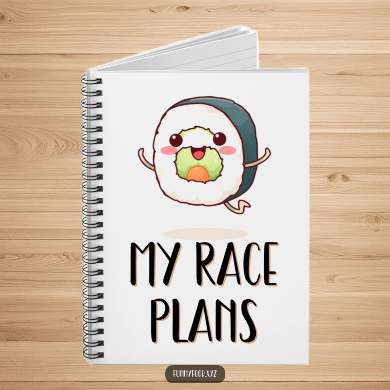 Funny sushi notebook, a happy sushi roll with legs running enthusiastically, ideal for notes and recipe writing.