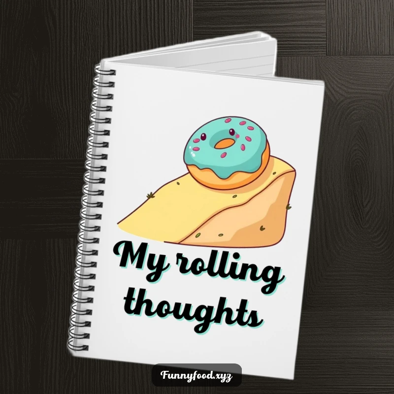 Funny notebook with a rolling donut cover, perfect for jotting down ideas with a touch of sweet, playful humor.