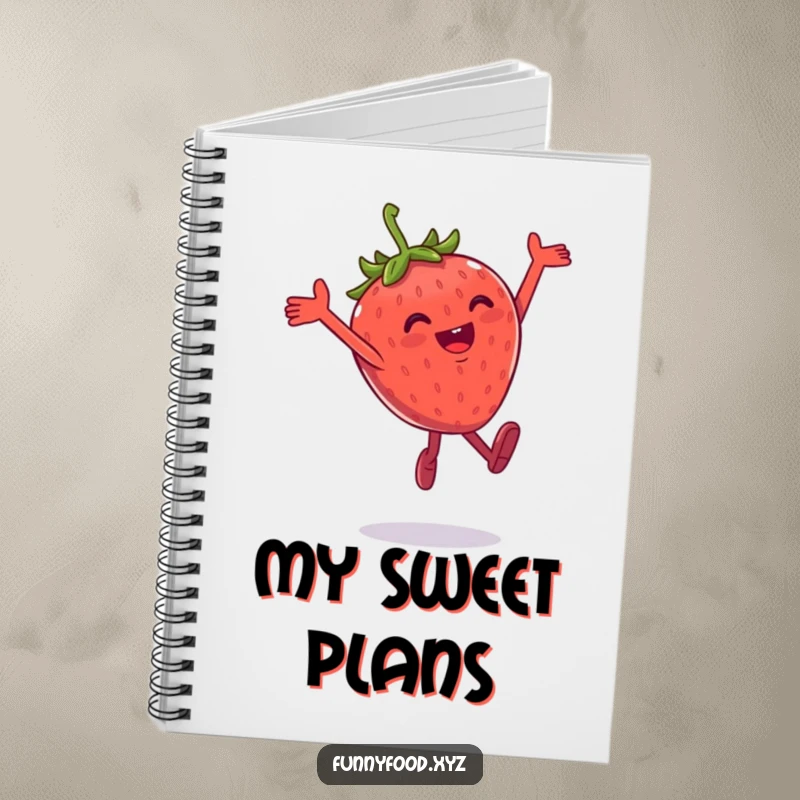 Funny notebook with a gleeful anthropomorphic strawberry performing a playful leap, great for creative writing.