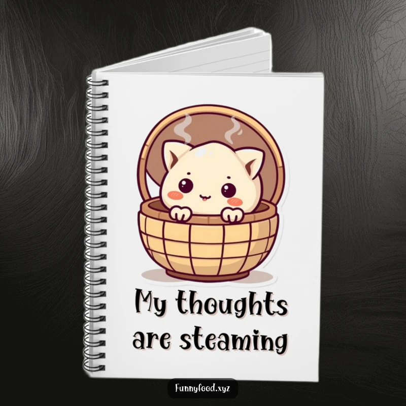 Funny curious dumpling peeking from a steaming basket on the cover of a notebook, inspiring thoughtful and humorous entries.