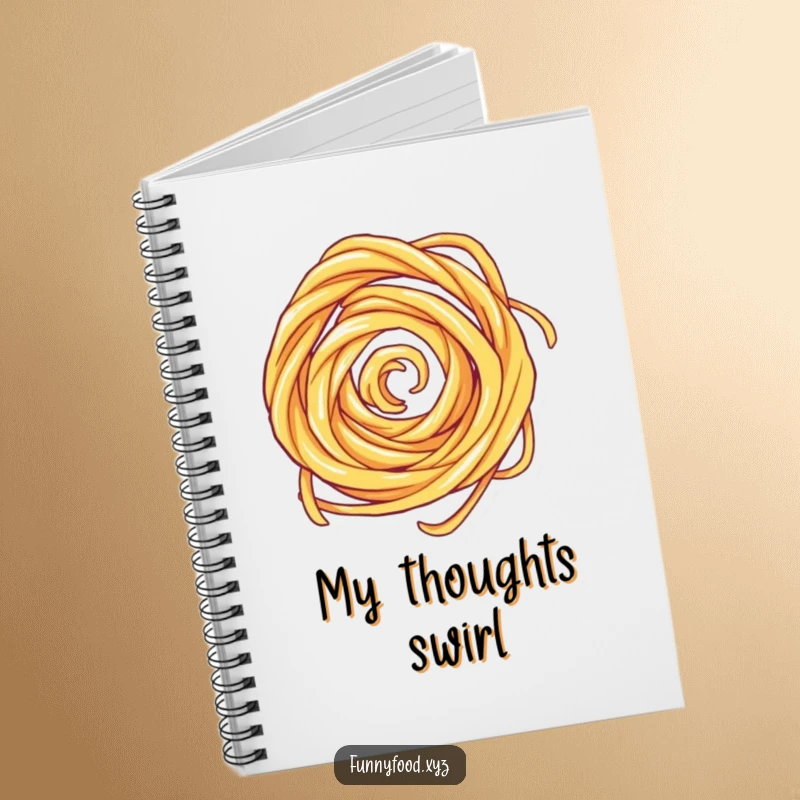 Funny notebook with a spinning pasta swirl, designed for jotting down recipe ideas with culinary humor.