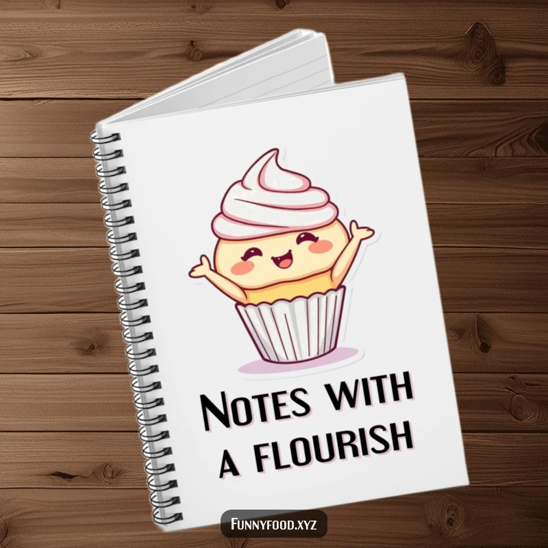 Funny cupcake notebook featuring a giggling cupcake in a playful bow, inspiring sweet note-taking. Excellent funny gift.