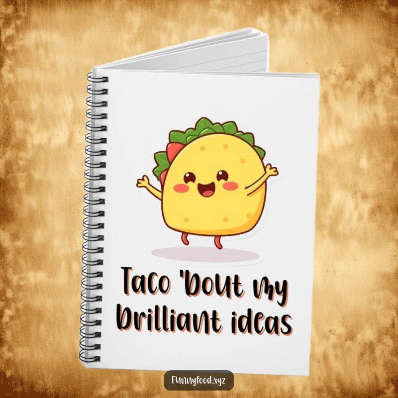 Funny notebook with a happy dancing taco, perfect for jotting down recipes and ideas.