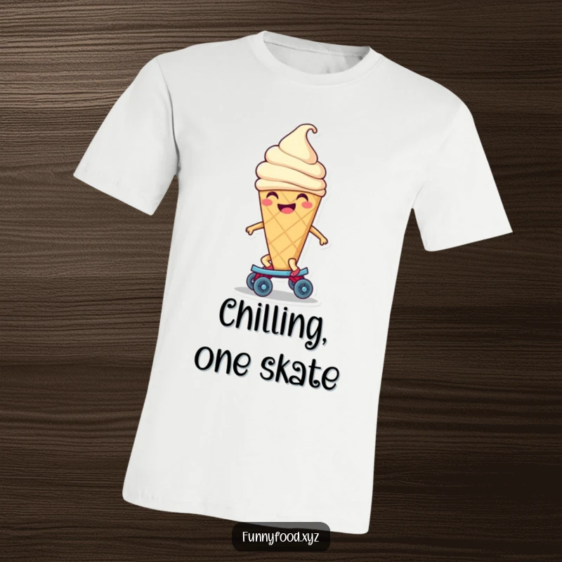 Funny ice cream cone t-shirt featuring a smiling character happily riding a miniature roller skate, embodying cool, carefree fun.