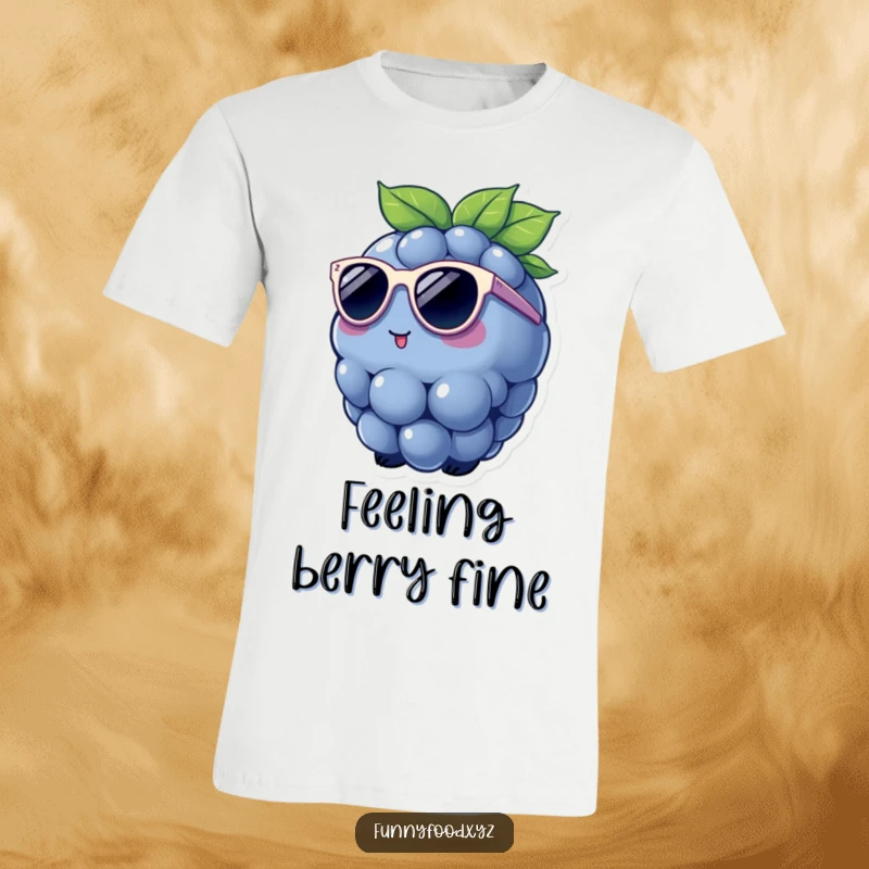 Funny T-Shirt showing a charming blueberry wearing miniature sunglasses, exuding a relaxed and stylishly cool demeanor.