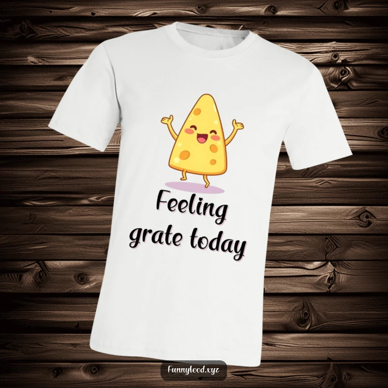 Funny t-shirt featuring a delighted anthropomorphic cheese wedge caught mid-silly dance, radiating pure joy.