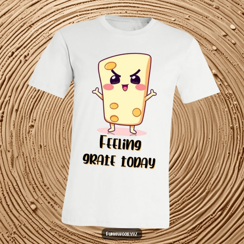 A determined slice of cheese striking a comically silly pose, radiating confidence and quirkiness on a t-shirt.